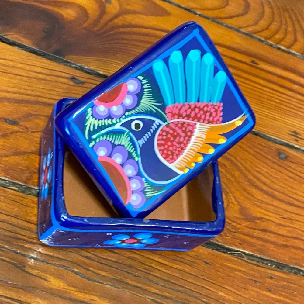 Clay Trinket/Jewelry Box Hand Painted Bird Flowers Mexican Folk Art Pottery